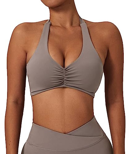 Litthing Sports Bras Women Sexy Halter Neck Bras Solid Color Gym Bralettes Quick Drying Elastic Yoga Bra Mid Impact Support Running Bra with Removal Pads for Workout Fitness Casual Purple Gray
