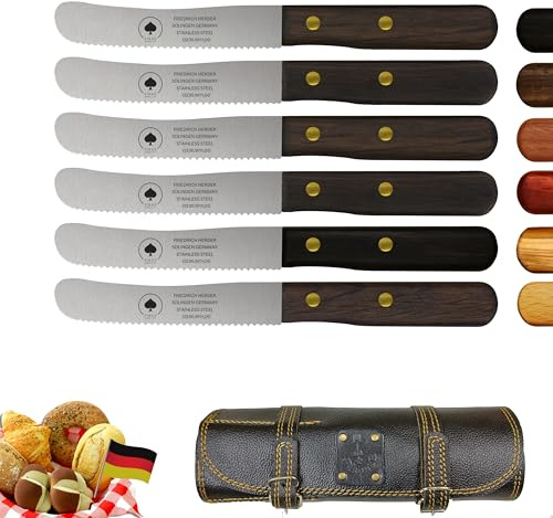 PIKAS SINCE 1727 Solingen Messer 6er Set Wellenschliff inkl. hochwertiger Ledertasche edler Holzgriff Premium Buckelmesser Frühstücksmesser Brötchenmesser rostfreie Klinge extra scharfes Küchenmesser