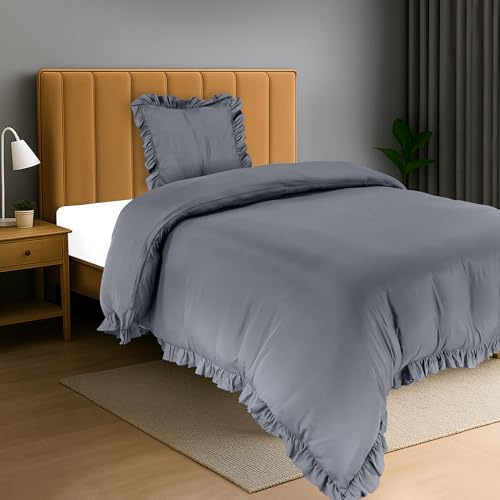 Utopia Bedding Rüsche Bettwäsche 135x200 Set - Mikrofaser Bettbezug 135x200 cm + 1 Kissenbezug 80x80 cm - Grau