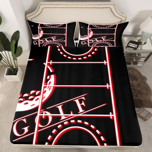 Erosebridal Sports Full Fitted Sheet for Men Golf Sheets for Boys, Neon Glowing Red Bed Sheets Sport Theme Bed Cover, Black Red Bed Set Microfiber 3pcs