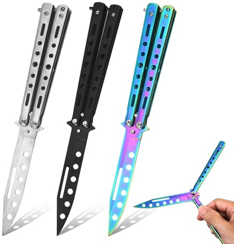 3 Stück Butterfly Messer: Butterfly Trainer Ungeschärfte Klinge Übungs Butterfly Kamm, Edelstahl Butterfly Knife Trainer für Trainingsmesser Anfänger übt Flipping-Tricks(Schwarz + Silber + Farbe)