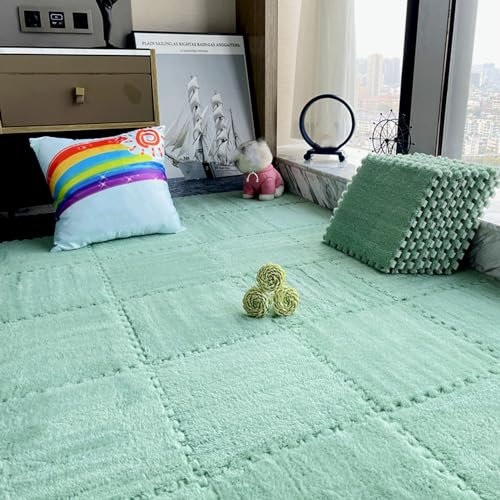 LULUMAIC 48 Stück quadratische ineinandergreifende Teppichfliesen, ineinandergreifende Schaumstoff-Bodenfliesen, Plüsch-Puzzle-Spielmatte, Teppiche für den Salon, 30 x 30 cm (grün 0,39 Zoll)