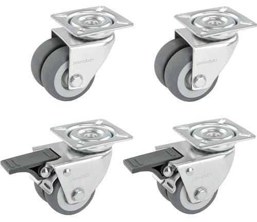 Proroll | Set Doppelrollen aus thermoplastischen Gummireifen | 4 Lenkrollen davon 2 mit Doppelstopp | mit Montageplatte | Rad-Ø x Breite 50 x 19 mm | Gleitlager