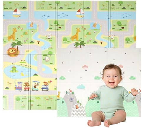 Nomady Kids - Alfombra de juego Plegable, Acolchada y Reversible (200x180cm) - Colchoneta para Bebes y Niños (Jungla y Nubes)