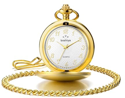 BOSHIYA Smooth Gold Pocket Watches for Men Quartz Arabic Digital Dial, Classic Vintage Mens Womens Pocket Watch with Chain Christmas Graduation Birthday Gifts Fathers Day