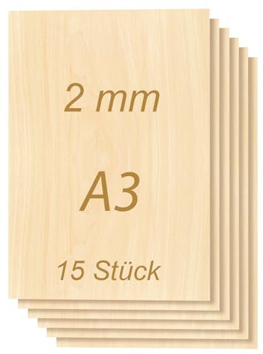 ToCome 2mm Sperrholz A3 Linde Sperrholzplatte Laserfähig 420 x 297 x 2mm Linden Holzplatte Plywood 2mm Holz für Laser (15 Stück)