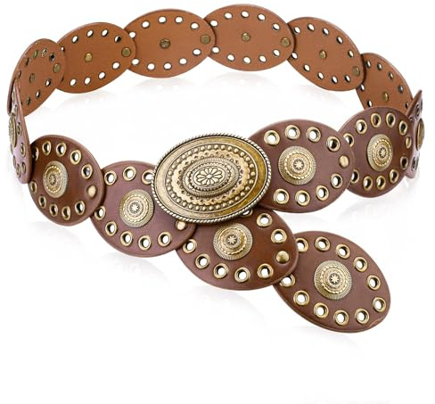 Chihutown PU Leather Disc Belt, Vintage Waist Belt,Western Style Womens Belts, Brown Belt Women, Fashion Belts for Women (Dark Bronze)