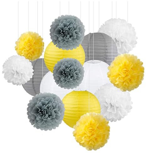 Anevous 15 Stück Pompons Deko, Seidenpapier Pompons, Pom Poms Girlande Hochzeitsparty, Pompons Papier Blume Dekorationen für Hochzeit, Geburtstag, Garten, Abschlussball Deko,Gelb Weiß Grau