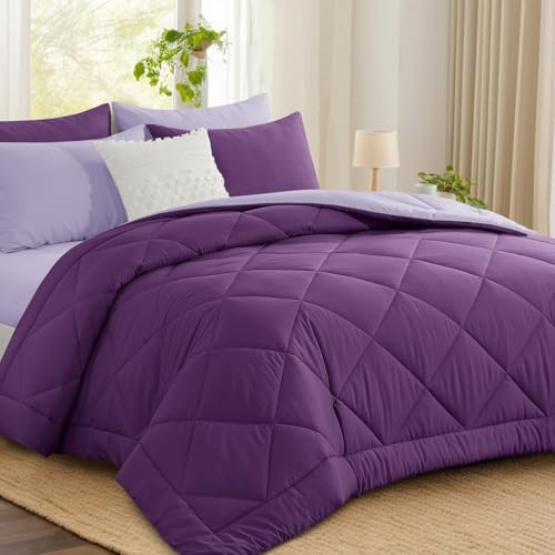 Aisbo Coverless Duvet Double 10.5 Tog - 200x 200cm, Purple Cosy and Lightweight Quilt, Reversible Comforter with 2 Pillowcases, Purple/Lavender Purple