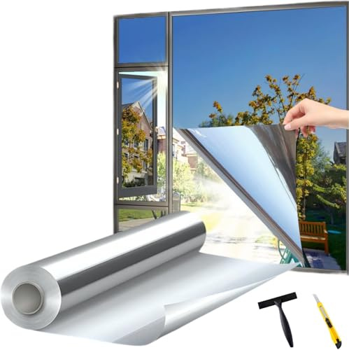 dzmelzu Film Miroir pour fenetre Anti UV Anti Regard avec Kit de Pose Film occultant Fenêtre Bon Effet Miroir Protection de la Vie privée pour Maiso (Argent, 50 * 400CM)