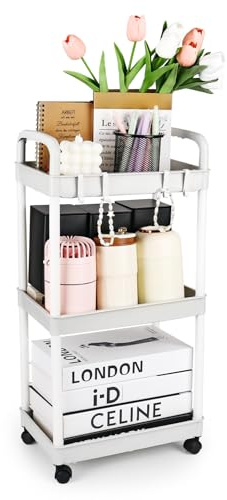 Trendecor Storage Trolley Cart 3 Tier Plastic Rolling Storage Rack, Mobile Storage Shelving Organizer Utility Cart Snack Cart Trolley for Kitchen, Bathroom, Laundry Room, Bedroom,White with Hooks