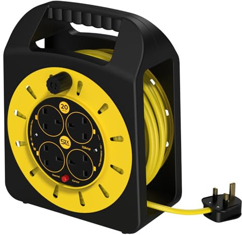 SLx Extension Lead 20m 4 Socket Extension Reel, Heavy Duty Extension Cable Thermal Cut Out Extension Lead for Garden Lawn Mower Office 13A Fused UK Plug