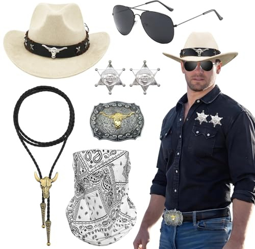 Saier tbo 7 Stück Western Cowboy Kostümset für Herren, weißes Retro Cowboy Accessoire Set mit Cowboyhut Gesichtsmaske Brille Halskette Abzeichen für Halloween Karneval Cosplay (Weiß)