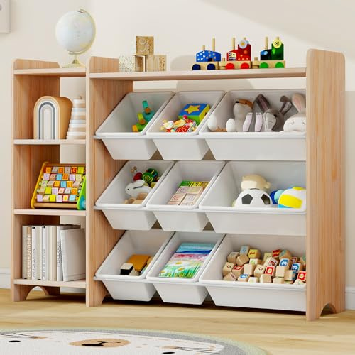 MALLBEST Bücherregal Kinder aus Massivholz – Kinderregal mit 4 Ebenen, 9 Aufbewahrungsboxen und 3 Fächern，Spielzeugaufbewahrung im Kinderzimmer ，Natur