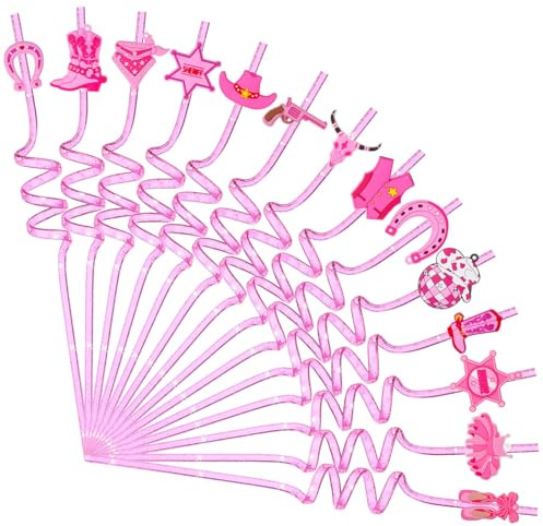 14 Pack ‌Pink Cowgirl Straws Reusable Western Party Straws for Bachelorette Birthday Cowboy Theme Decor Cocktail Straw 10.5 Plastic Drinking Straws with Fun Cowgirl Hats Boots