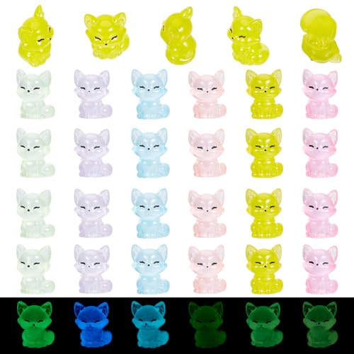 DELORIGIN 30 Stück Mini Fuchs Aus Kunstharz Leuchtende Mini Tierfiguren 6 Farben Winzige Tiere Fuchs Für DIY Garten Mikro Feenlandschaft Party Kuchendekoration