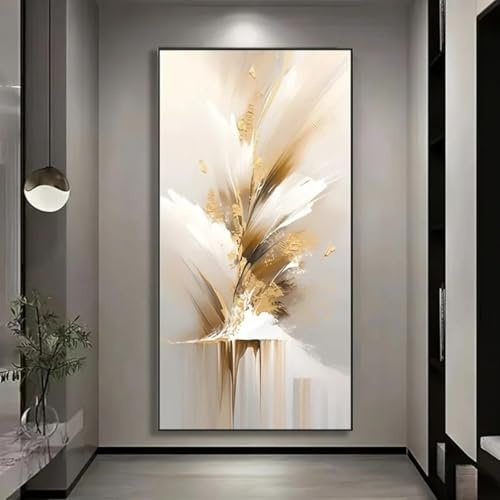 Impresiones en lienzo de lujo, decoración vertical en dorado y blanco para el hogar, la oficina, la sala de estar, el dormitorio, el pasillo, 60 x 120 cm, sin marco