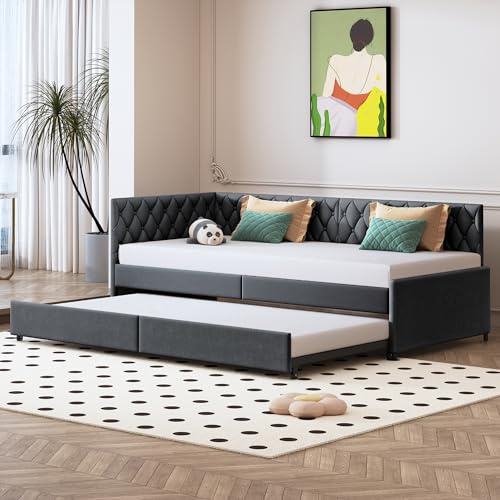 BestAlice Gepolstert 90 x 200 cm, Lattenrost, Ausziehbares Schlafsofa aus Samtstoff, Einzel- und Gästebetten, Grau