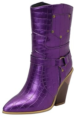 Generisch Stivaletti con tacco alto, da cowboy, da donna, in pelle, stile western, Lilla, 38 EU