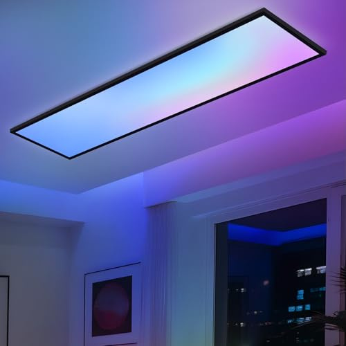 CBJKTX LED Panel 100x25 Deckenleuchte Dimmbar Deckenpanel RGB Farbwechsel | Lang Deckenlampe Flach mit Fernbedienung Groß 24W Schwarz Rechteckig Bürolampe Decke für Büro Spielzimmer Wohnzimmer