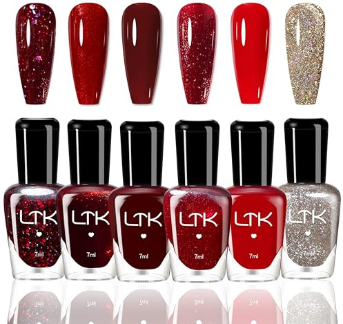 6 st röda nagellacksset – skonsam och långvarig vattenbaserad nagelpolering – inget UV-nagellack för gör-det-själv nagelkonst manikyr hemma, vegansk och djurförsöksfri, vanlig färglack (RED)