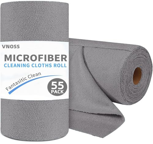 Vnoss 55 Pack Microfiber Cleaning Cloth Roll, Tear Away Reusable Towels, 11 X 9, Ultra Absorbent & Lint Free Cloth for Cars, Kitchen, Window, Home and Shop, Grey
