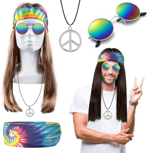Tccydm 4 Stück Hippie Kostüm Herren Damen, 60er 70er 80er Jahre Outfit Herren, 70er Jahre Bekleidung, Perücke Sonnenbrille Peace Halskette Anhänger Batik Stirnband für Karneval Fasching Kostüm