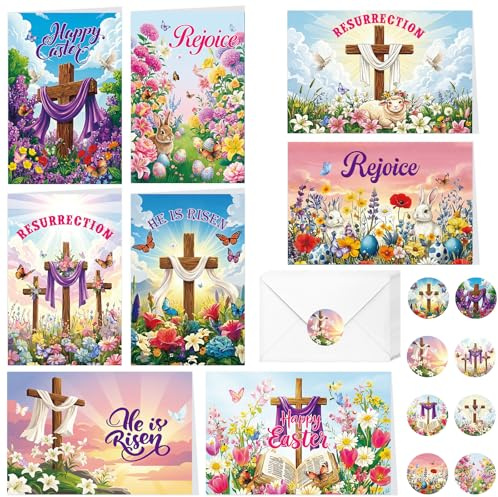 TAKEALOOKO 24Pcs He is Risen Religious Easter Greeting Card - Easter Christian Blessings Card with Envelopes Stickers for Christians Catholics Party Favors, Blank Inside 4 x 6 Inch