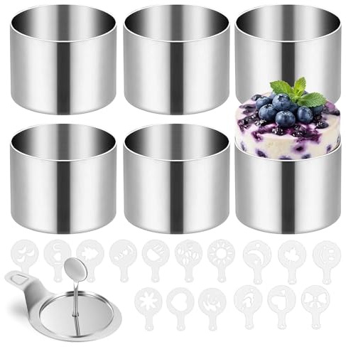 Eulihent Set di 10 anelli da dessert e anelli per alimenti, 8 cm, rotondi, in acciaio inox, con sollevatore e schiacciapatate, piccoli anelli da forno, per mousse, torte, palline di riso, dessert
