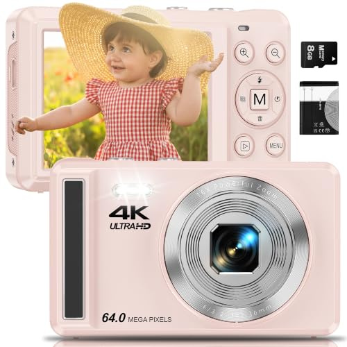 Digitalkamera 4K 64 MP mit Autofokus | Tragbare Kompaktkamera mit Mikro-SD-Karte, 1200mAh Batterie und USB-Kabel | Ideal für Teenager und Anfänger