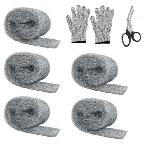 5 Pack Steel Wool Mice, 15 Meter Wire Wool Mice Blocker 1# Fine Wire Wool Gaps Blocker with Work Gloves Scissors for Keeps Mice & Rodents Away Removing Paint Varnish Rust