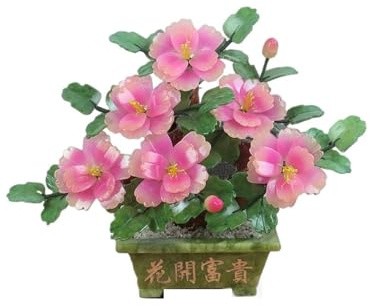 Bonsaï Artificiel Jade Pivoine Fleur Hall décoration de la Maison sculpté Chinois bonsaï Ornement Plantes artificielles(Pink)