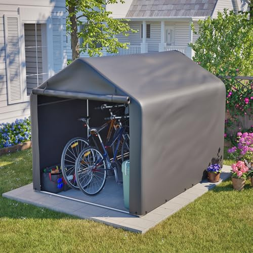 Fahrradgarage Metall Grau 160x220x165cm, Wasserdichter PE-Outdoor-Schuppen mit Rolltor, Fahrradunterstand für E-Bike & Gartengeräte, Windstabil für Garten Terrasse Hof