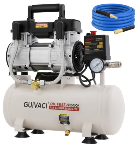 Flüsterkompressor 9 L Ölfrei – 1100W (1.5PS), max. 8 Bar, 190L/min, 60dB, mit 10m Luftschlauch, Silent Kompressor Für Werkstatt, Auto und Lackierung