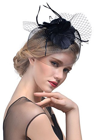 Amorar Damen Fascinator Hair Clip Hut Bankett Hut Stirnband Feder Blume Schleier Bowler Braut Hut für Cocktail Hochzeit,EINWEG Verpackung
