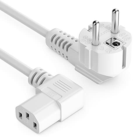 deleyCON 2m Cable de Alimentación a Prueba de Choques con Enchufe Tipo F (CEE 7/7) en ángulo de 90° a Conector C13 en ángulo de 90° Derecha, para PC, Ordenador, Monitor, Impresora y Proyector - Blanco
