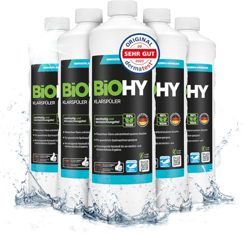 BiOHY Sköljmedel (6 x 1l flaska) | Ekologiskt högkoncentrat | Lämplig för alla (kommersiella) diskmaskiner, för en oslagbar glans på glas & diskar Biologiskt nedbrytbar (Klarspüler)
