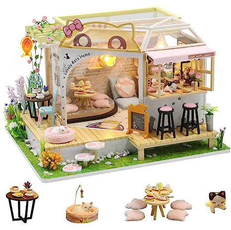 erhumama DIY Cat Cafe Dollhouse Miniature Cat Coffee Shop 3D Model Kits Wooden Dolls House Furniture Lights Accessories Birthday Xmas Gift For Boys Girls (Cafe)