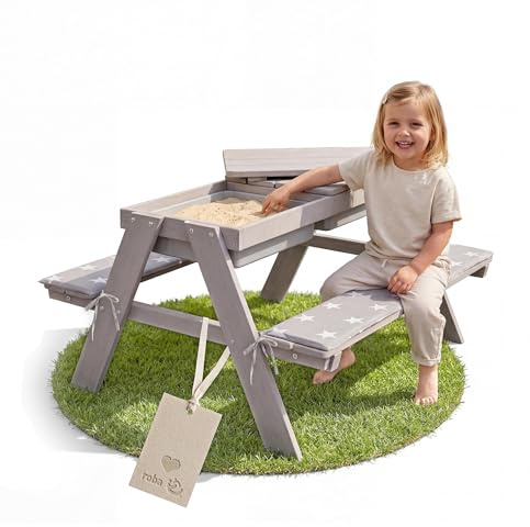 roba Kindersitzgarnitur Outdoor + Spielwannen & Sitzkissen - Sitzgruppe aus wetterfestem Massivholz - Garten Sitzgarnitur & Matschtisch für Kinder - Grau