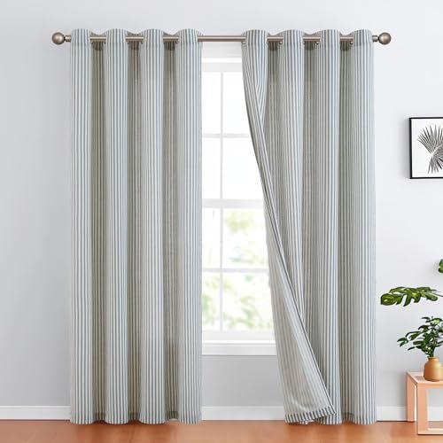 TOPICK Leinen Vorhänge Gestreifte Gardinen mit Ösen Modern Beige Leinenoptik Vorhang Wohnzimmer Privarsphäre Gardine Lichtfilterung Ösenschal mit Streifen Muster 2er Set 130x225 Blau auf Beige