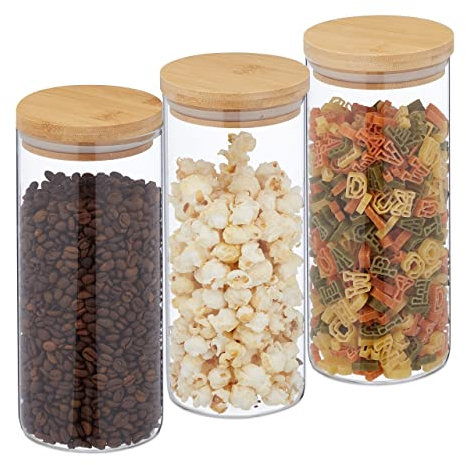 Relaxdays Lot de 3 bocaux en Verre, Couvercle Bambou, Bocal Conservation Rond, 1300 ML, hermétique, Transparent/Nature