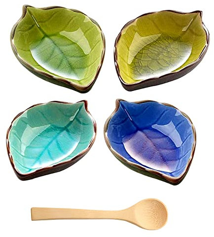 DIKEBAO 4 Pcs Plato Sushi Ceramica Cuenco Soja Sushi Platos para Salsa Soja Platos para Sushi Platos para Comer Sushi Pequeños Platos para Comida Japonesa Pequeños en Forma de Hoja + 1 x Cuchara