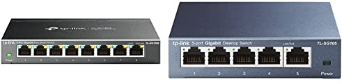 TP-Link TL-SG108E Managed Switch 8 Port Gigabit Ethernet LAN Switch schwarz & TL-SG105 5-Ports Gigabit Netzwerk Switch (bis 2000 MBit/s im Vollduplexmodus, geschirmte RJ-45 Ports) blau metallic