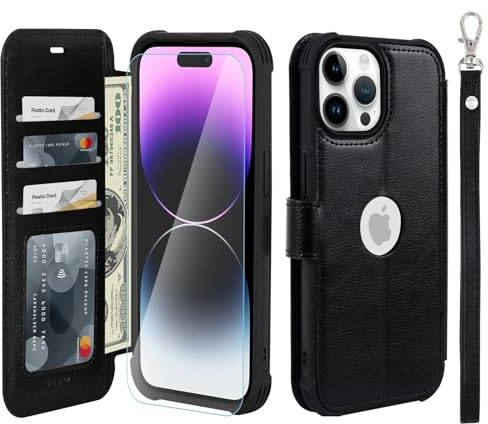 VANAVAGY Wallet Case for iPhone 14 Pro Max 6.7 Inch,Black | PU Leather Flip Folio,Slim,12ft Drop Protection,RFID Blocking Card Holder,Kickstand,Wrist Strap,Includes Screen Protector