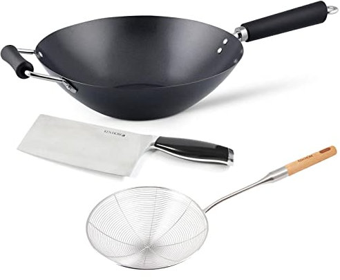 Ken Hom Wokpfanne 31 cm Induktion Karbonstahl antihaftbeschichtet mit Gegengriff - 3-tlg. Wok für Gas, Elektro & Glaskeramik - inklusive 18 cm Hackmesser & Edelstahl Schaumlöffel