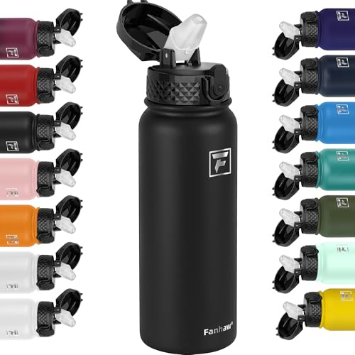 Fanhaw 600ML Edelstahl isolierte Sportwasserflaschen mit Strohhalm für Schule, Kinder, Männer und Frauen (Schwarz)