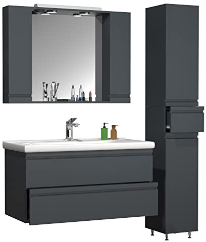 VCM 4-TLG. Waschplatz Waschtisch 100 cm Badmöbel Set Waschbecken grifflose Schublade Spiegelschrank Hochschrank Silora XL
