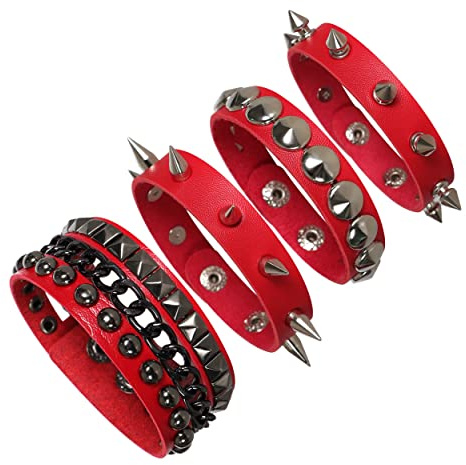 Manfnne 4Pz Rosso Punk Rock Set di Bracciali con Rivetti Borchie Uomo Donna Gotico Retro vintage Pelle PU Lega Regolabile Accessorio hip hop
