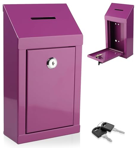 Metall-Spendenbox für Wohltätigkeitsorganisationen, Stahl, Sammelbox mit Vorschlagschlitz und Schloss, inklusive Schlüsseln, Wandmontage mit vorgebohrten Löchern, 25,4 x 15,2 x 6,3 cm, lila