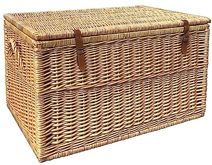 Arthur Cameron - Modena Deluxe Wicker Storage Basket with Lid, Leather Straps to Secure Shut & Strong Wooden Frame - Large Wicker Basket, Storage Trunk, Storage Chest (Extra Large, Natural)